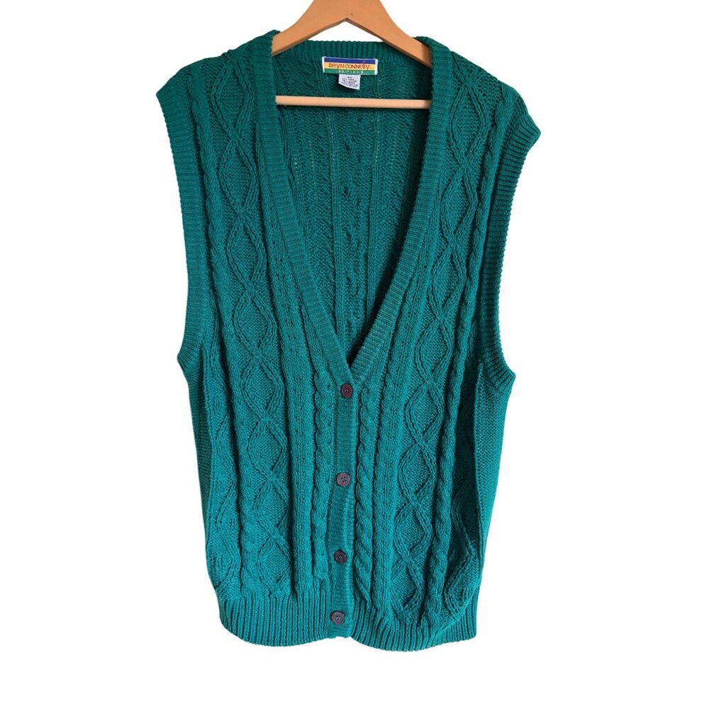 Bryn Connelly Vintage 90s Green Oversized Cable Knit Cardigan Vest Size 40/XL